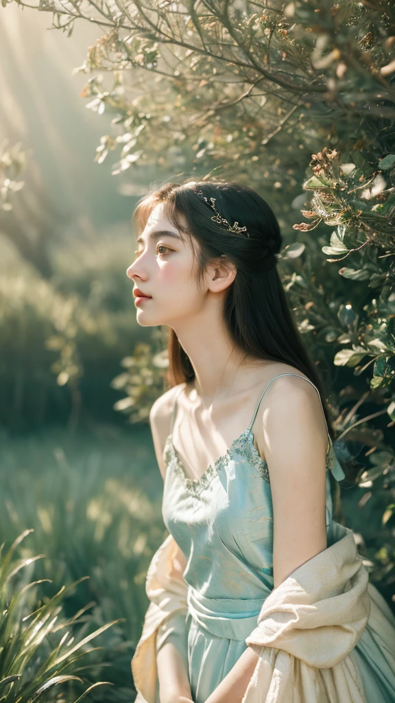 ( masterpiece, top quality, best quality,8k,17 years old girl,ultra detailed,raw photo:1.5),(photorealistic:1.4), (cinematic lighting), PerfectNwsjMajic, , Surrealism, UHD, ccurate, Super detail, textured skin, High detail, Best quality, dynamic angle, White skin,[Beautiful blue eyes], high nose,[flat chest:large breasts:0.5],(1girl),(good anatomy:0.5)), Dreamy atmosphere,expressive brush strokes, mystical ambiance, Artistic interpretation, Stunning Studio Ghibli style costumes, a whimsical illustration, Subtle colors and tones, mystical aura,