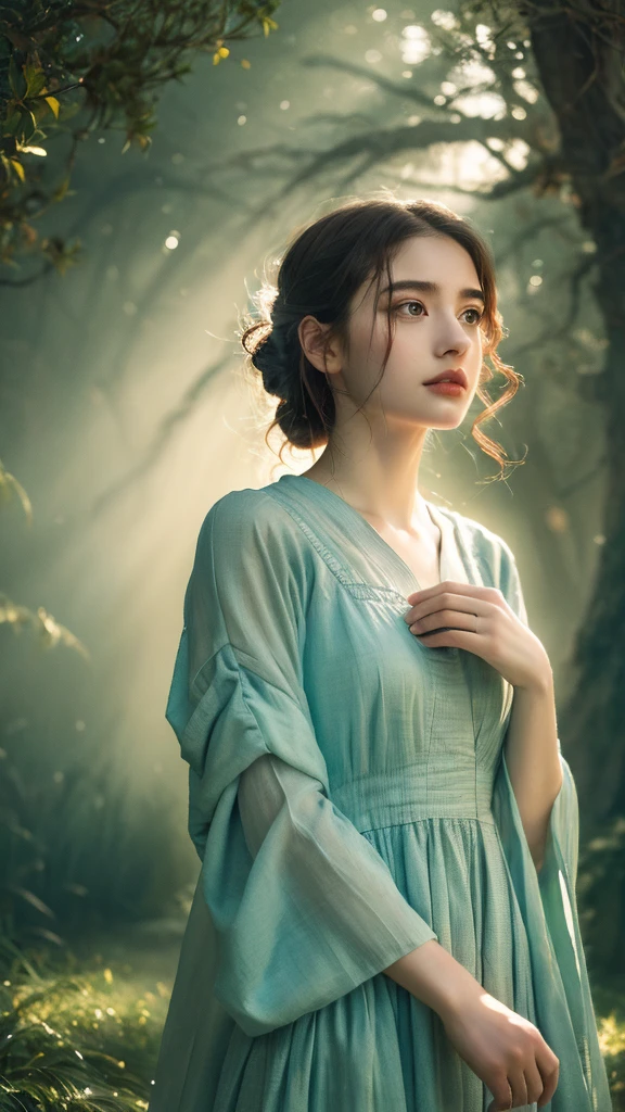 ( masterpiece, top quality, best quality,8k,17 years old girl,ultra detailed,raw photo:1.5),(photorealistic:1.4), (cinematic lighting), PerfectNwsjMajic, , Surrealism, UHD, ccurate, Super detail, textured skin, High detail, Best quality, dynamic angle, White skin,[Beautiful blue eyes], high nose,[flat chest:large breasts:0.5],(1girl),(good anatomy:0.5)), Dreamy atmosphere,expressive brush strokes, mystical ambiance, Artistic interpretation, Stunning Studio Ghibli style costumes, a whimsical illustration, Subtle colors and tones, mystical aura,