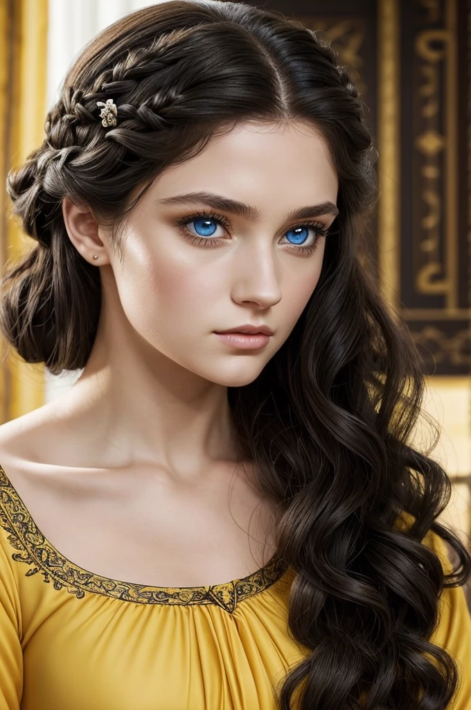 Beautiful noblewoman. Beautiful. House Baratheon. Yellow Dress and black. Long black hair curly and blue eyes. White skin. Dress sexy. Europan face. House Baratheon of Game of Thrones. Blue eyes. Close up
