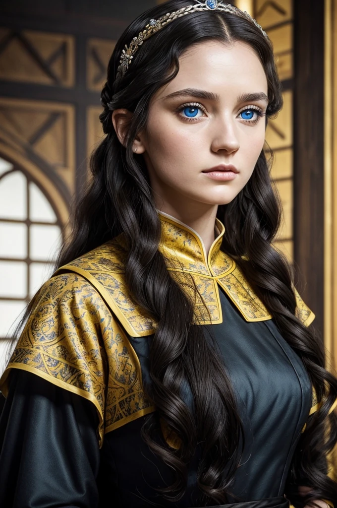 Beautiful noblewoman. Beautiful. House Baratheon. Yellow Dress and black. Long black hair curly and blue eyes. White skin. Dress sexy. Europan face. House Baratheon of Game of Thrones. Blue eyes. Close up
