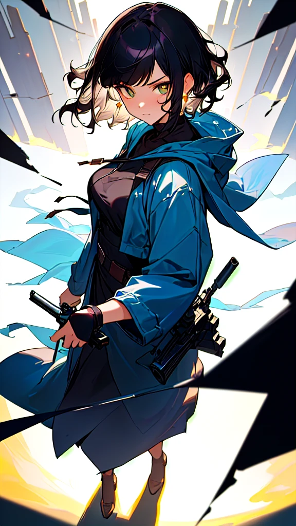 Alone, looking at the viewer, short hair, breasts, fringe, black hair, earrings, hood, From above, minimalism, action painting, The best quality, short hair, black hair, wavy hair, much hair, earrings, breasts, Closed mouth, bright pupils, serious, instead, bright Eyes, Statistics, polar opposites, hood, hood no puesta, Mask removed, blurred, depth of field, backlighting, drop shadow, mix, blurred, optical illusion, chiaroscuro, portada de manhwaminimalism, cheered up, apocalypse, holding a gun