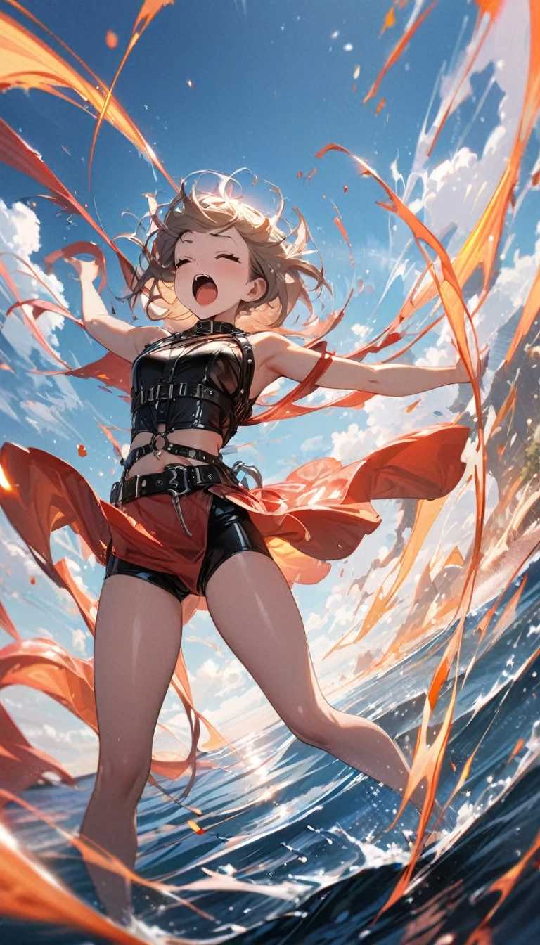 Girl dancing on the sea wearing a leather harness,
closed eyes, open mouth, shout,
absurd-resolution, ultra-detailed, best quality, hot limit, under ,