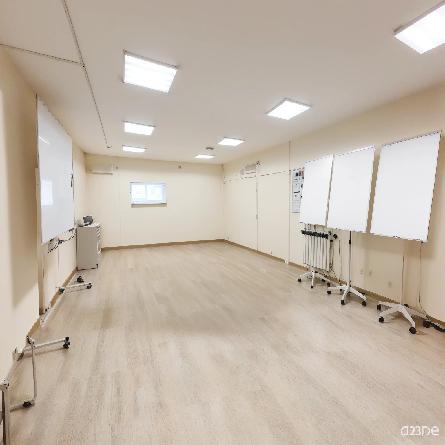 add to the photo a long office table in the center, electronic panels on the walls, a 3D printer, a 3D scanner