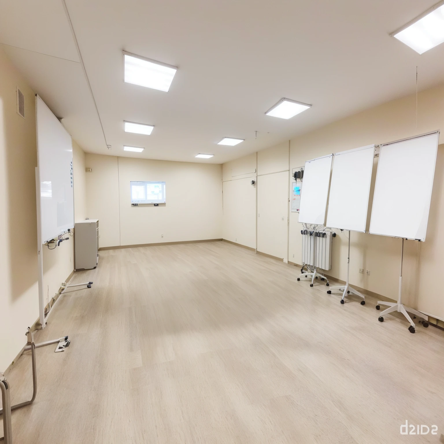 add to the photo a long office table in the center, electronic panels on the walls, a 3D printer, a 3D scanner