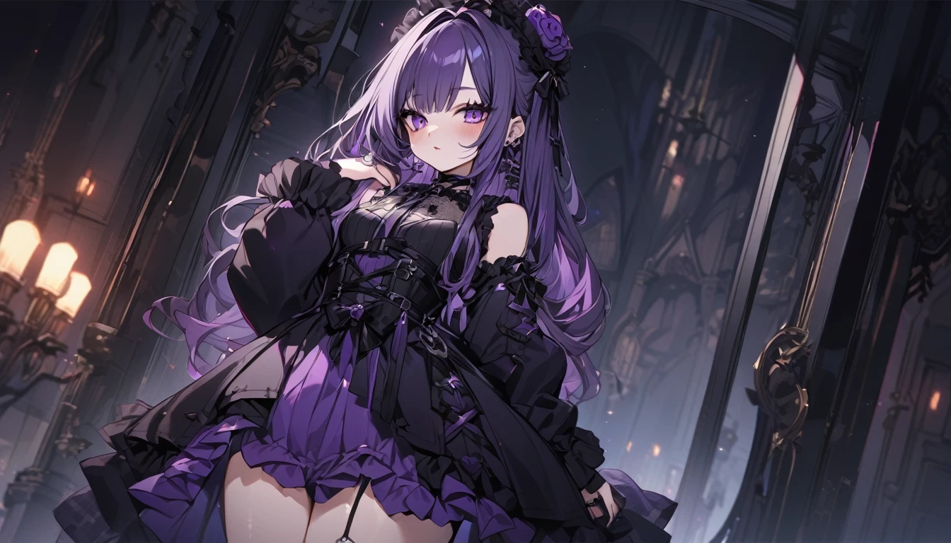 (Highest quality),Gothic Girl,Black and purple dresses,Dark cute