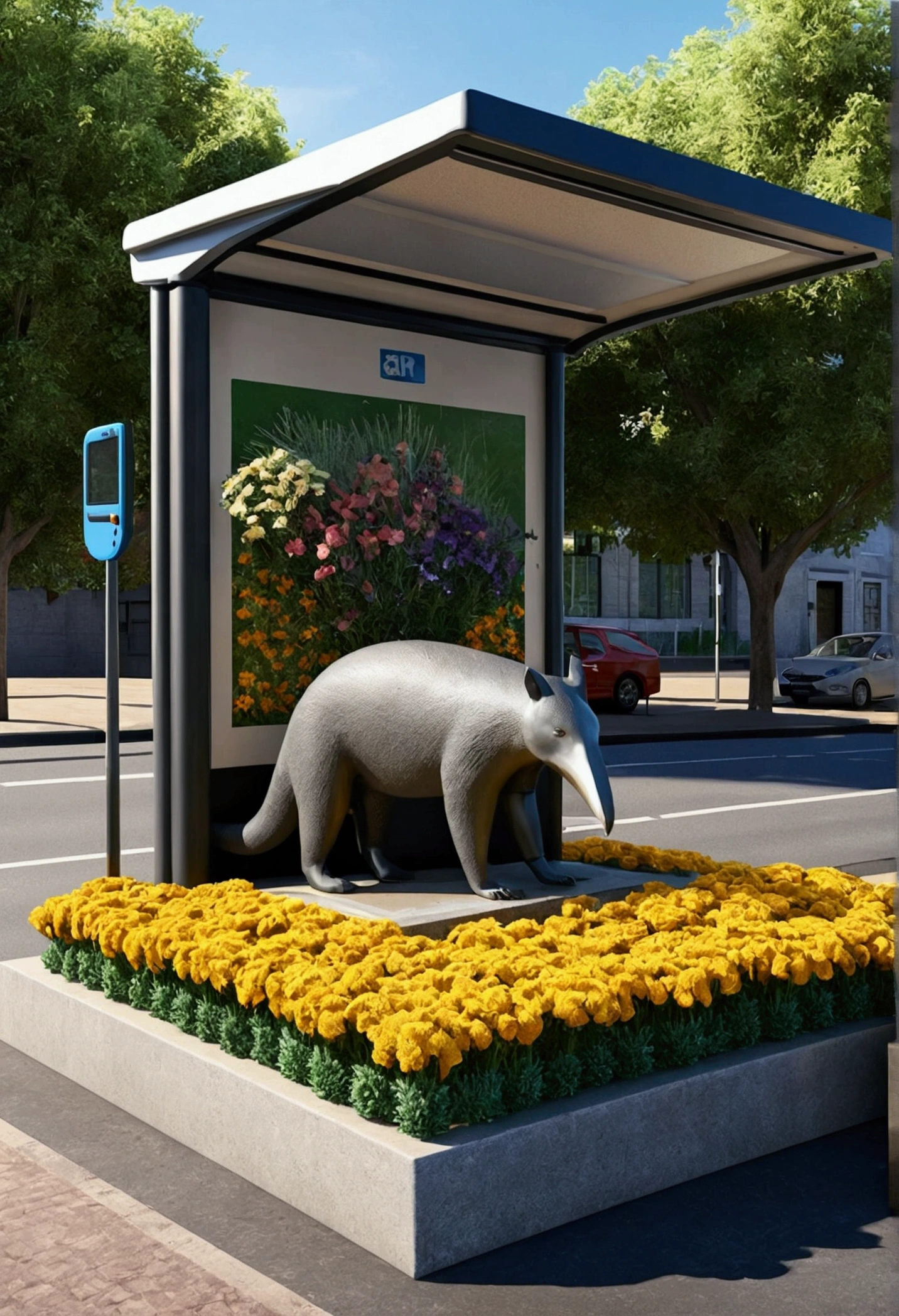 make a 3d model of a bus stop with a flowerbed on top of the bus stop, and place a statue of an anteater next to it