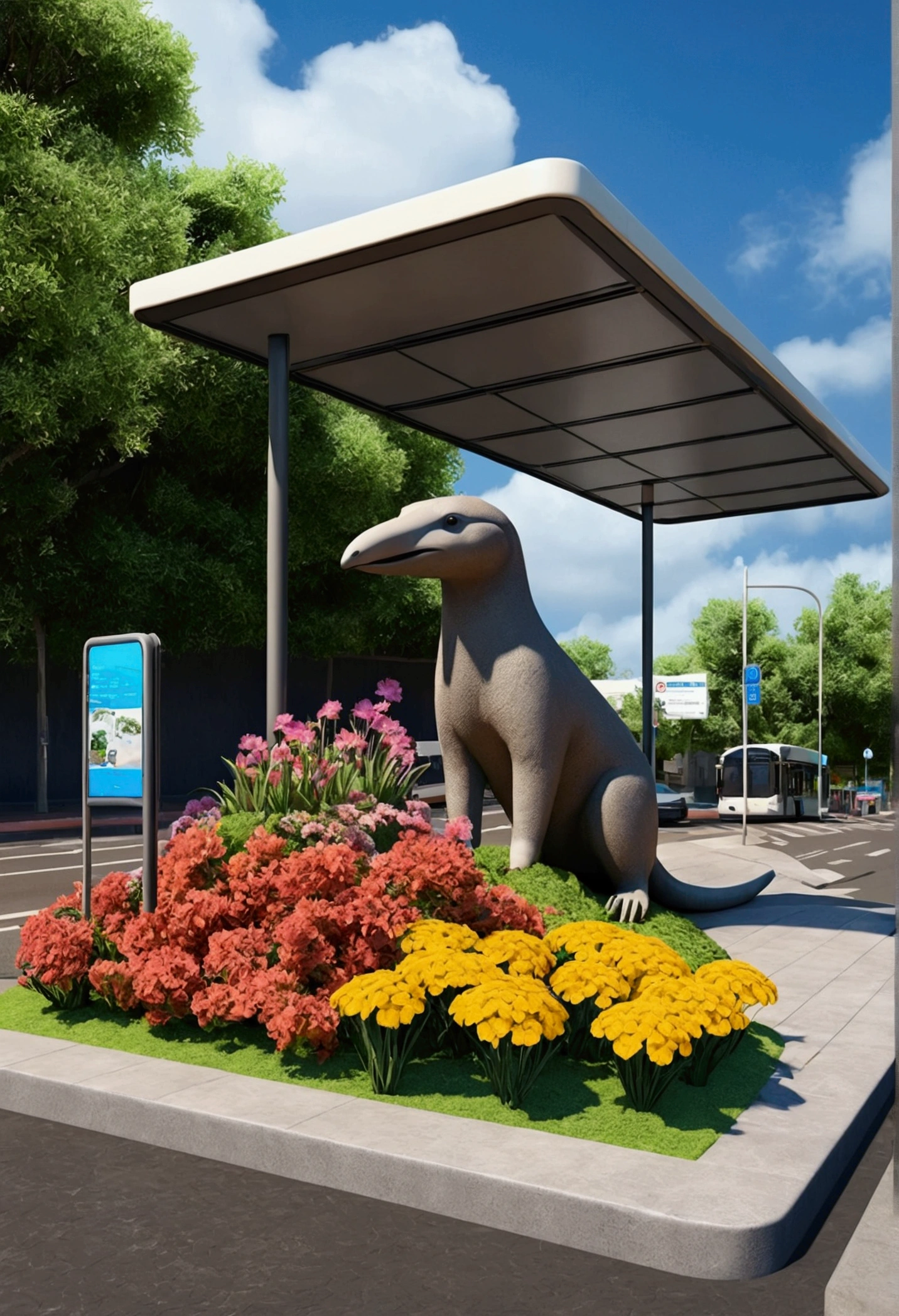 make a 3d model of a bus stop with a flowerbed on top of the bus stop, and place a statue of an anteater next to it