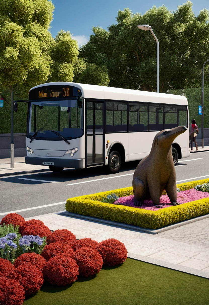 make a 3d model of a bus stop with a flowerbed on top of the bus stop, and place a statue of an anteater next to it