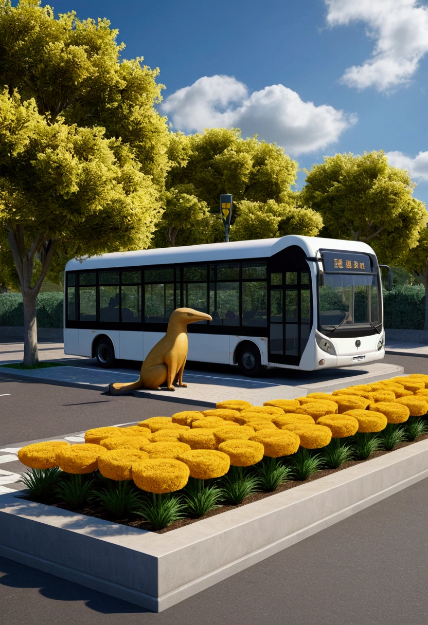 make a 3d model of a bus stop with a flowerbed on top of the bus stop, and place a statue of an anteater next to it