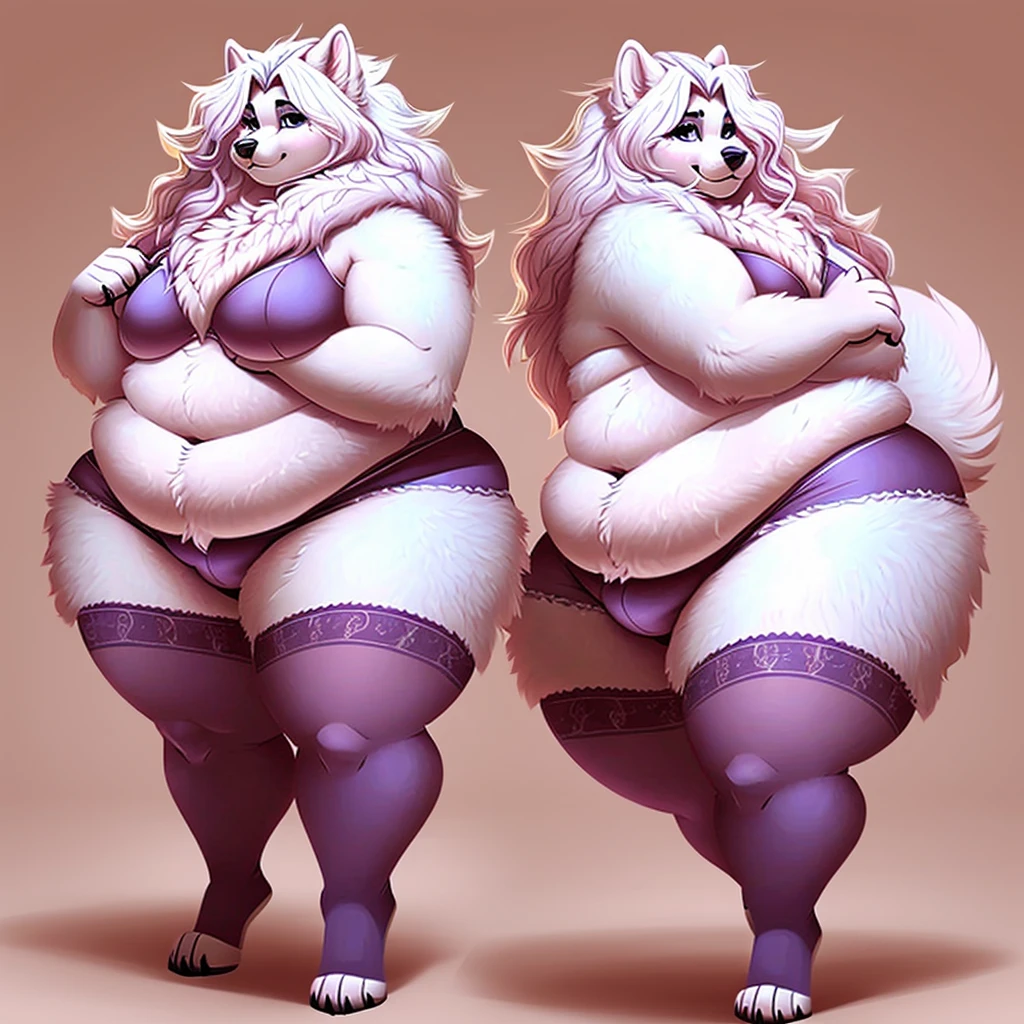 A obese Arctic wolf, gorgeous, beautiful, claws, long messy hair ,  ,fat arms, fat legs,fullbody,cute ,huge thighs, standing, curvy,huge hips, chubby , male , eyelashes ,heavy bottom , feminine ,solo, underwear,obese,solo,thigh highs , male ,solo, solo,solo, solo 