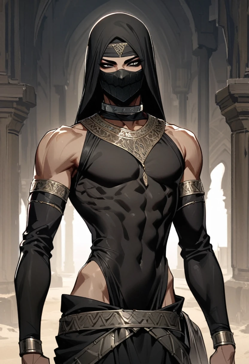 Male arab warrior, medivial, black balaclava, black bandage, black clothes, thin waist, skinny body, femboy, light skin, makeup, black eyeliner, big eyelashes, black eyeshadow, metal choker,  light tanned skin,
