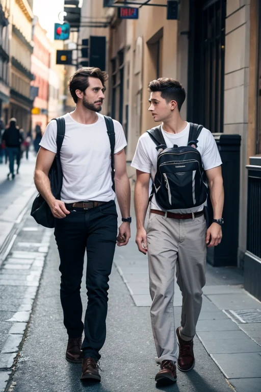 European and American men carrying backpacks