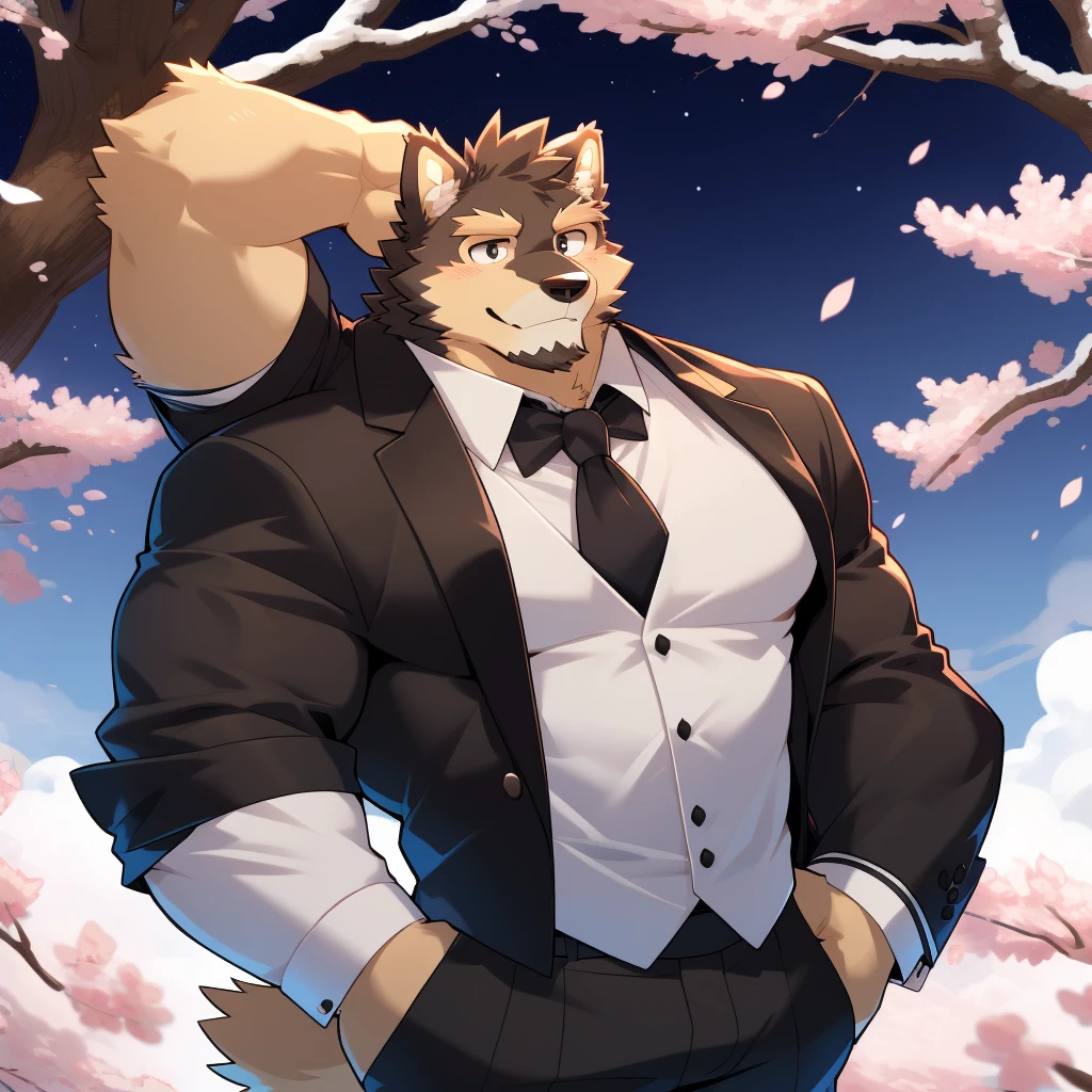 Scribble 德国牧羊dog face,Humanity(dog),(Formal wear:1.3),Muscular,(Brown eyebrows:1.1),(Close one eye:1.2),(Perfect black eyes),Cherry blossoms,Black fur,Night Sky,(artist:Takemoto Arashi),Hands behind your back。