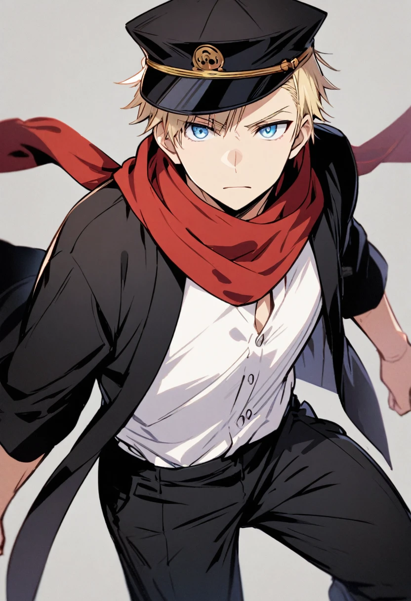 Solo, 1 male, light blonde hair, light blue eyes, white botton shirt, black cap, black pant, black haori, red scarf, taisho roman, Japanese