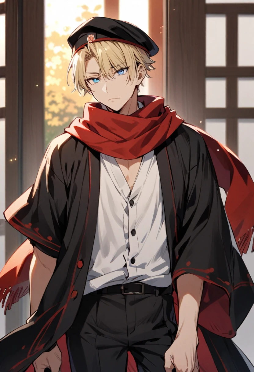 Solo, 1 male, light blonde hair, light blue eyes, white botton shirt, black cap, black pant, black haori, red scarf, taisho roman, Japanese