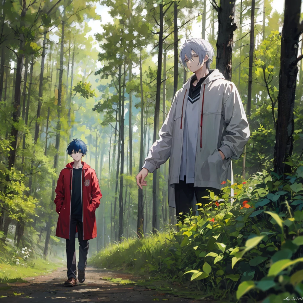 ((best quality)), (detailed). (4k)A anime man aged 18-20 stands in the middle of the forest and looks at nature, he himself is dressed in an official style