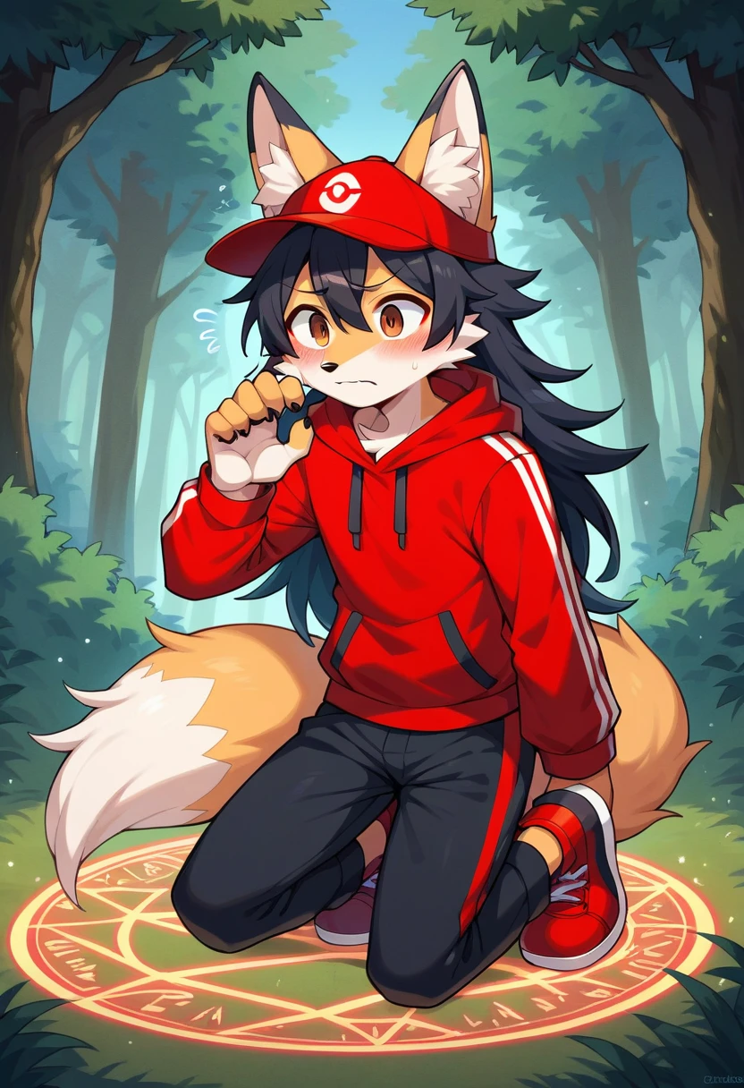 masterpiece, best quality, expressive eyes, perfect face, a man get transformed into a furry french poddle, furry fox, fox tail, fox ears, solo, surpriced, blushed, black hair, long hair, red baseball cap, black shirt, red hoodie, black sports pants, red sport shoes, brown eyes, full body, in a magic forest, glitter, embarrassed pose, magic circle on the floor.