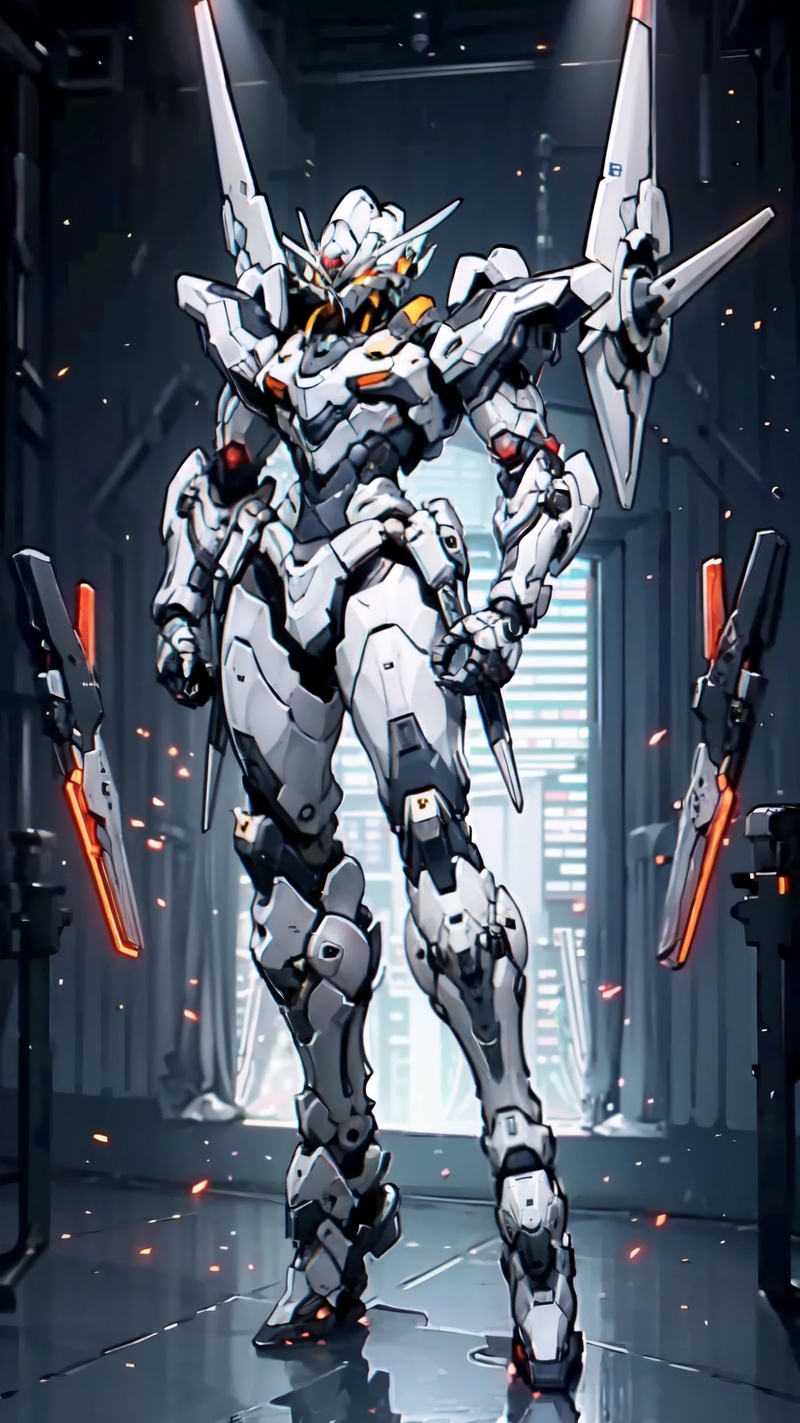 (masterpiece:1.5, best quality:1.5, extremely delicate:1.5), humanoid Mecha, fully enclosed shoulder guards, matching arm and leg guards, full body, full armor, the design balances heavy with agility, (the color scheme is primarily white with red and blue accents, the concept Inspired by Super robot, organic biotech armor, standing, floating high above the futuristic sci-fi city), exquisite and mature art style, (aura effect, energy, glowing eyes, the armor glows), metallic, dramatic, high definition, highres, ultra-detailed, ultra-fine painting, professional, perfect body proportions, anatomically correct, symmetrical face, extremely detailed eyes and face, high quality eyes, creativity, RAW photo, UHD, 32k, Natural light, cinematic lighting, masterpiece-anatomy-perfect