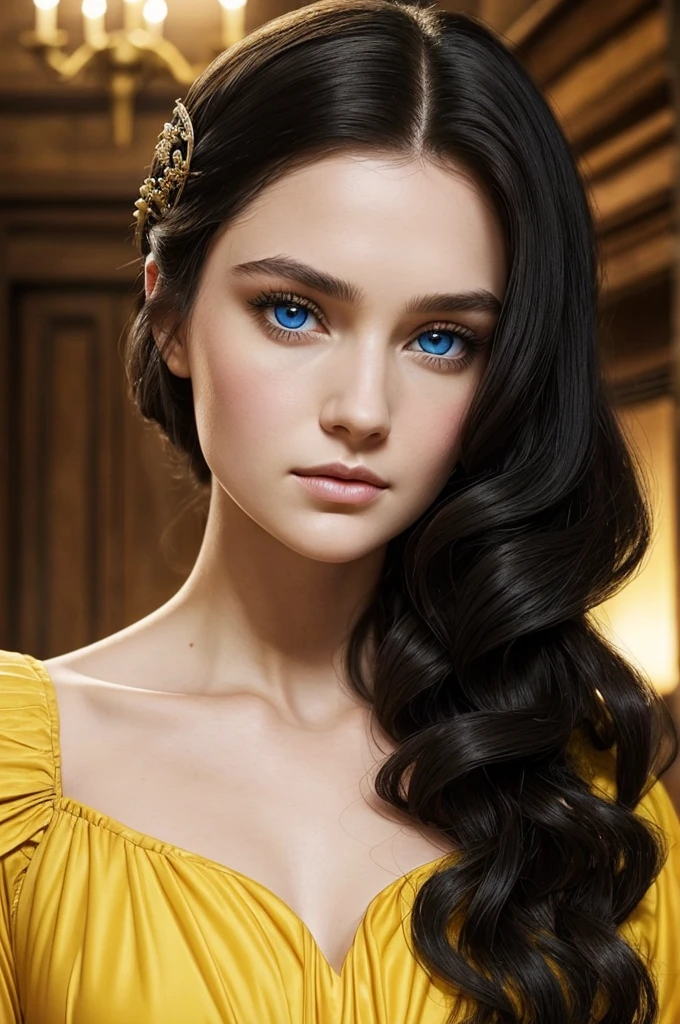 Beautiful noblewoman. Beautiful. House Baratheon. Yellow Dress and black. Long black hair curly and blue eyes. White skin. Dress sexy. Europan face. House Baratheon of Game of Thrones. Blue eyes. Close up