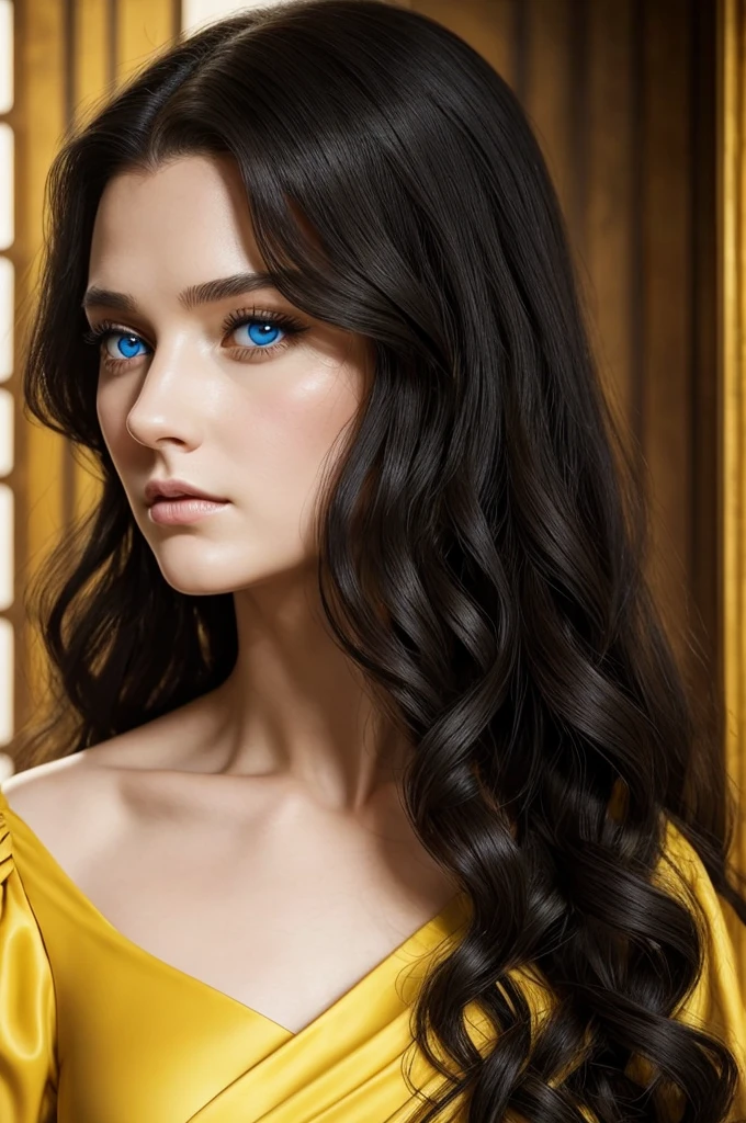 Beautiful noblewoman. Beautiful. House Baratheon. Yellow Dress and black. Long black hair curly and blue eyes. White skin. Dress sexy. Europan face. House Baratheon of Game of Thrones. Blue eyes. Close up
