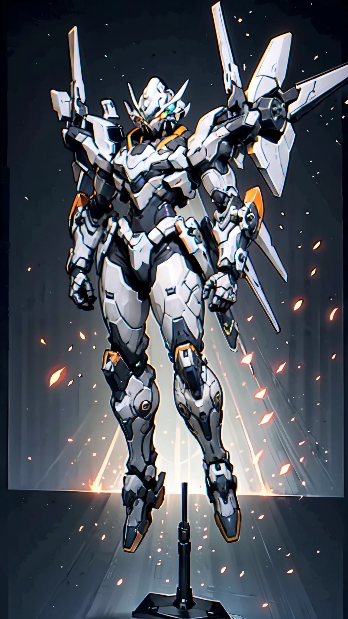 (masterpiece:1.5, best quality:1.5, extremely delicate:1.5), humanoid Mecha, fully enclosed shoulder guards, matching arm and leg guards, full body, full armor, the design balances heavy with agility, (the color scheme is primarily white with red and blue accents, the concept Inspired by Super robot, organic biotech armor, standing, floating high above the futuristic sci-fi city), exquisite and mature art style, (aura effect, energy, glowing eyes, the armor glows), metallic, dramatic, high definition, highres, ultra-detailed, ultra-fine painting, professional, perfect body proportions, anatomically correct, symmetrical face, extremely detailed eyes and face, high quality eyes, creativity, RAW photo, UHD, 32k, Natural light, cinematic lighting, masterpiece-anatomy-perfect