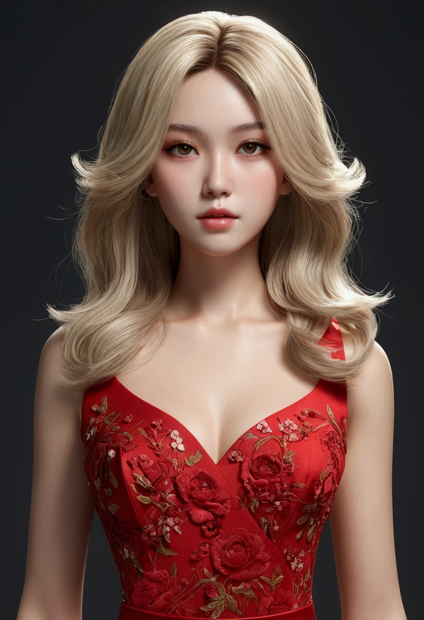 ((Best Quality, 8K, Masterpiece: 1.3)), (Flower Head: 1.3), Focus: 1.2, Perfect Body Beauty: 1.4, Hips: 1.2, (Layered Haircut: 1.2)), (Dark Alley: 1.3) , Highly Detailed Face and Skin Texture, Full Body, Delicate Eyes, Double Eyelids, Bleached Skin, Long Hair, (Round Face: 1.5), (red open dress with slit up to waist: 1.6)