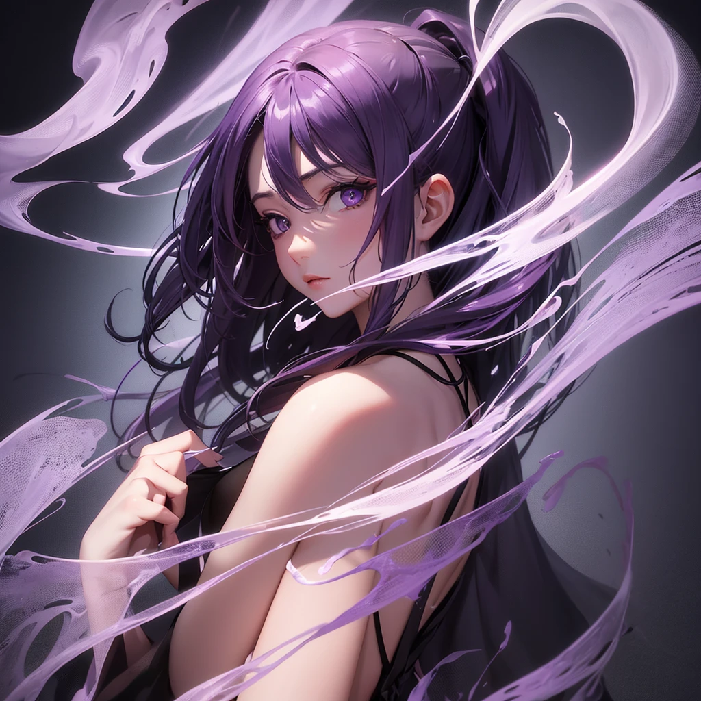 Design an image of purple smoke forming abstract shapes and figures. The smoke should flow smoothly and create interesting, fluid designs that captivate the viewer's imagination. Use gradients to enhance the depth and dimension of the smoke.