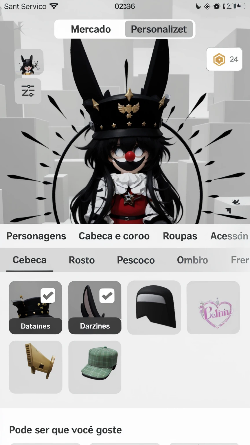 Roblox character with a clown nose and white face, with big hair with black bangs, a hat and fluffy black rabbit ears, captain general cruz cap, black smile and dark eyes