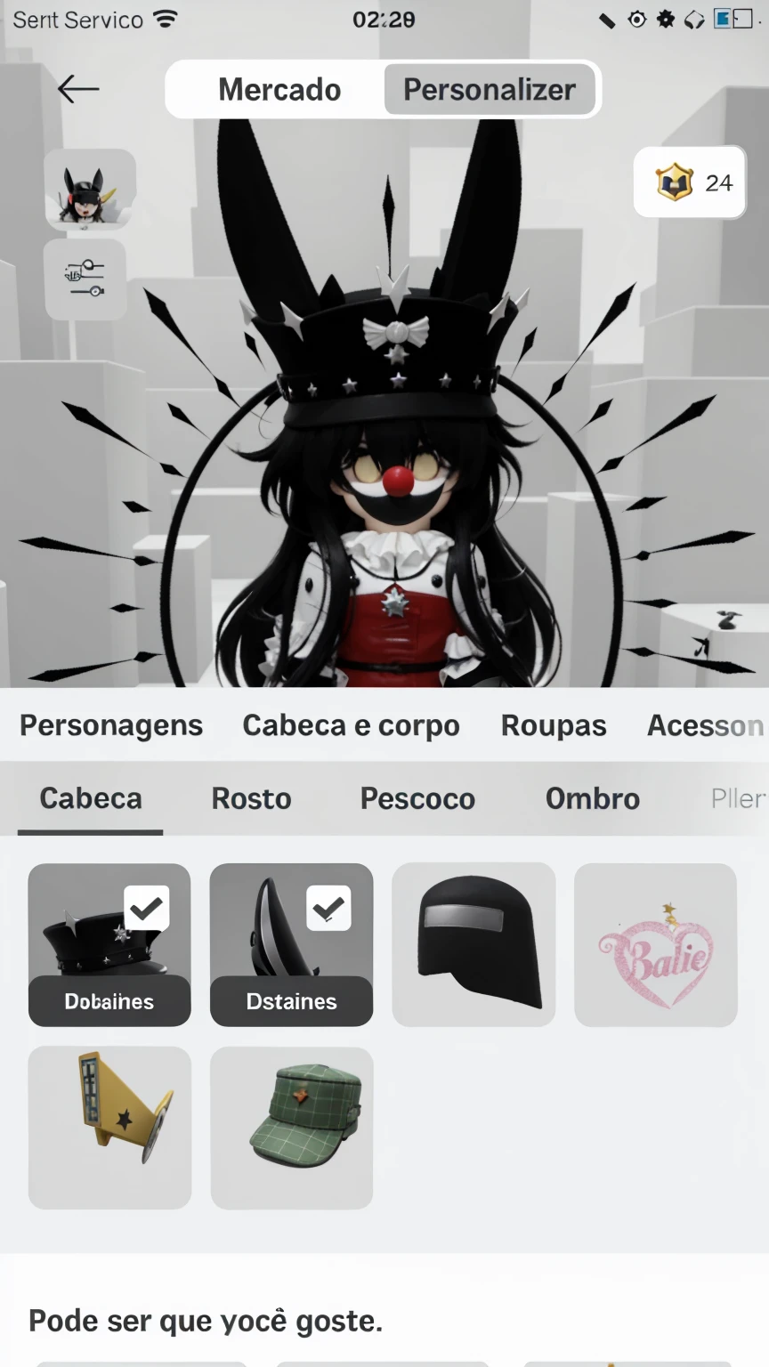 Roblox character with a clown nose and white face, with big hair with black bangs, a hat and fluffy black rabbit ears, captain general cruz cap, black smile and dark eyes