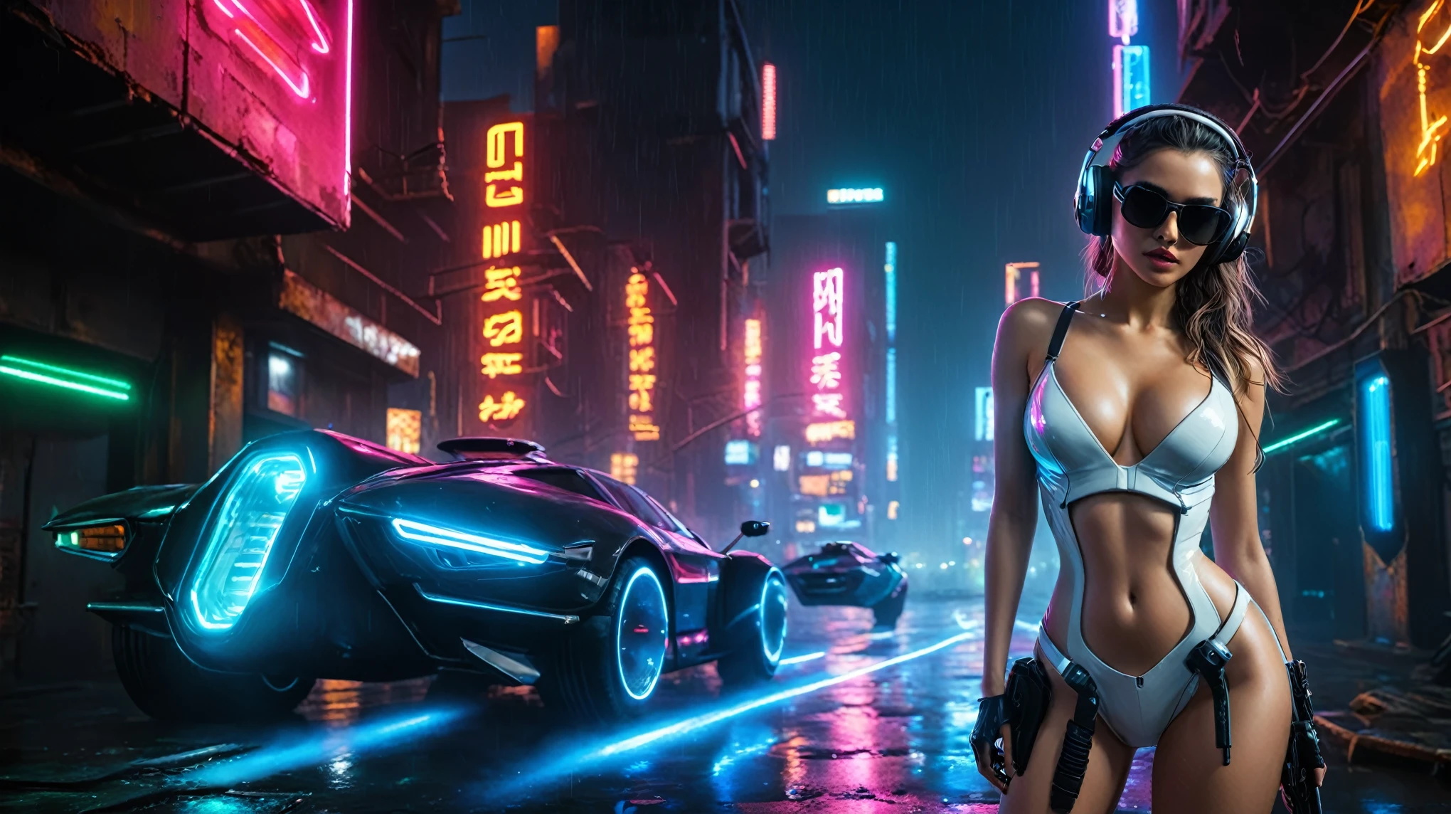 (aerial view, a flying cars docking platform, a very dark abandoned futuristic city, neon lights), rainy night. (((1girl, solo, alone))), large-breast:1.2 slim body, cleavage:1.1, sexy wind blowing wet dress:1.4, (((headphone, black sunglasses, standing and holding pistol:1.8, dynamic rushing pose))), (((((half-body thigh level medium shot))))), cinematic lighting, lens flare, ray tracing.