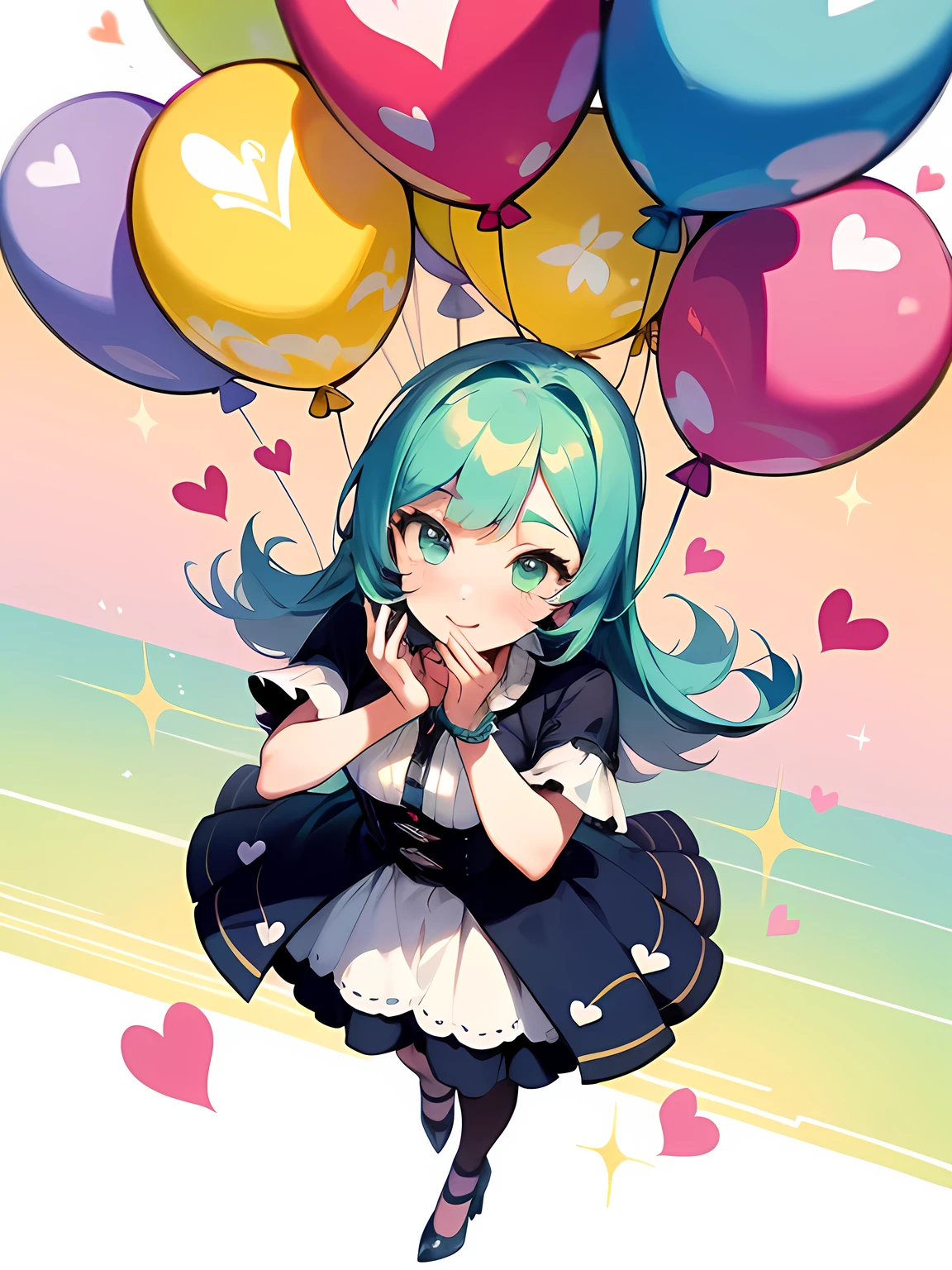 (from above:1.3),extremely detailed 8K CG, ultra-detailed:1.3, ultra delicate and detailed face:1.3, (absurdres, texture, masterpiece), pixiv contest winner, by Posuka Demizu, right image, full body, Dynamic manga-style illustration of an anime-style magical girl blowing a kiss to the left side with a cute expression. The world is full of pop, kitsch, and cuteness, with a yellow and blue-green color scheme, She wears a heart-patterned balloon skirt and a glass She's wearing stiletto heels.