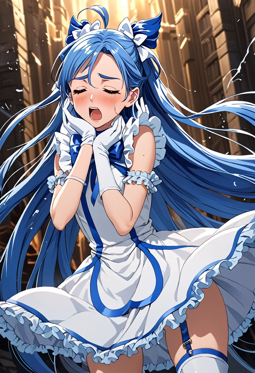 cure white,white choker, Thigh straps,elbow glover,detailed hair and costume, long flowing blue hair, white and blue frilly dress, white gloves and boots, holding her ears with both hands, blushing cheeks, in pain, suffering from enemy's sonic attack, dynamic and intense scene, background with sound waves,closed eye,masterpiece, Highest quality,, Highly detailed background, Perfect lighting, (beautiful, Highest quality:1.1), masterpiece, Perfect Eyes, (beautiful), (erotic:1.2)