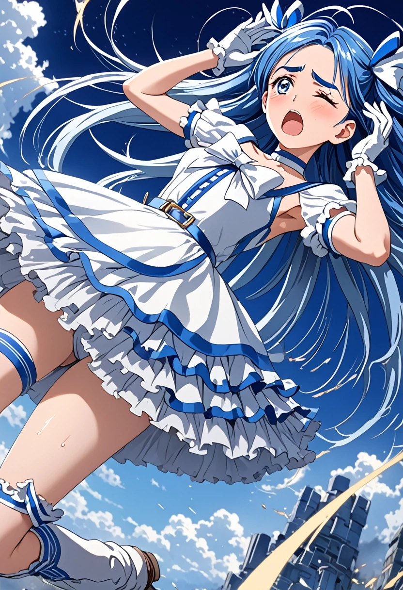 cure white,white choker, Thigh straps,elbow glover,detailed hair and costume, long flowing blue hair, white and blue frilly dress, white gloves and boots, holding her ears with both hands, blushing cheeks, in pain, suffering from enemy's sonic attack, dynamic and intense scene, background with sound waves,closed eye,masterpiece, Highest quality,, Highly detailed background, Perfect lighting, (beautiful, Highest quality:1.1), masterpiece, Perfect Eyes, (beautiful), (erotic:1.2)
