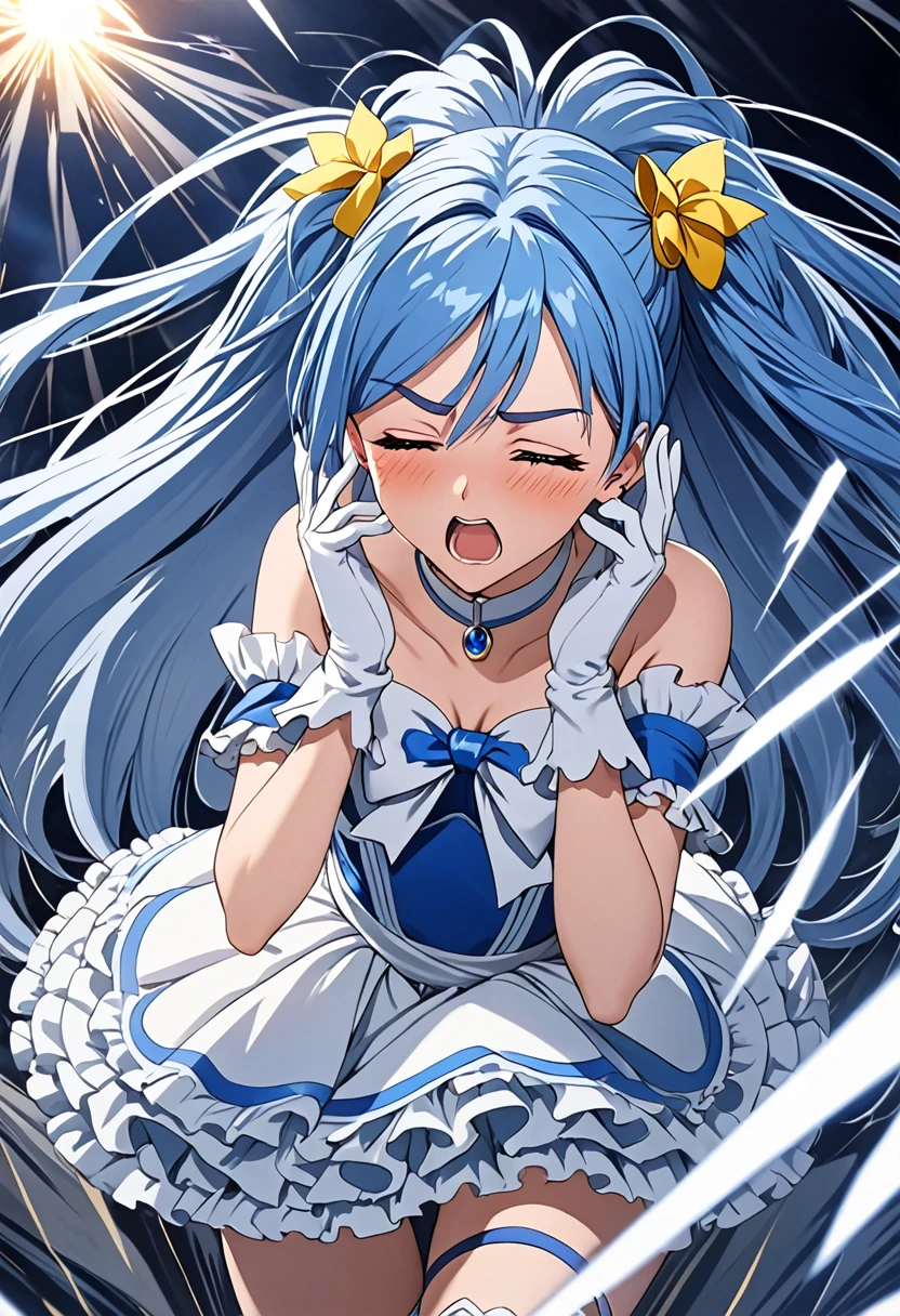 cure white,white choker, Thigh straps,elbow glover,detailed hair and costume, long flowing blue hair, white and blue frilly dress, white gloves and boots, holding her ears with both hands, blushing cheeks, in pain, suffering from enemy's sonic attack, dynamic and intense scene, background with sound waves,closed eye,masterpiece, Highest quality,, Highly detailed background, Perfect lighting, (beautiful, Highest quality:1.1), masterpiece, Perfect Eyes, (beautiful), (erotic:1.2)