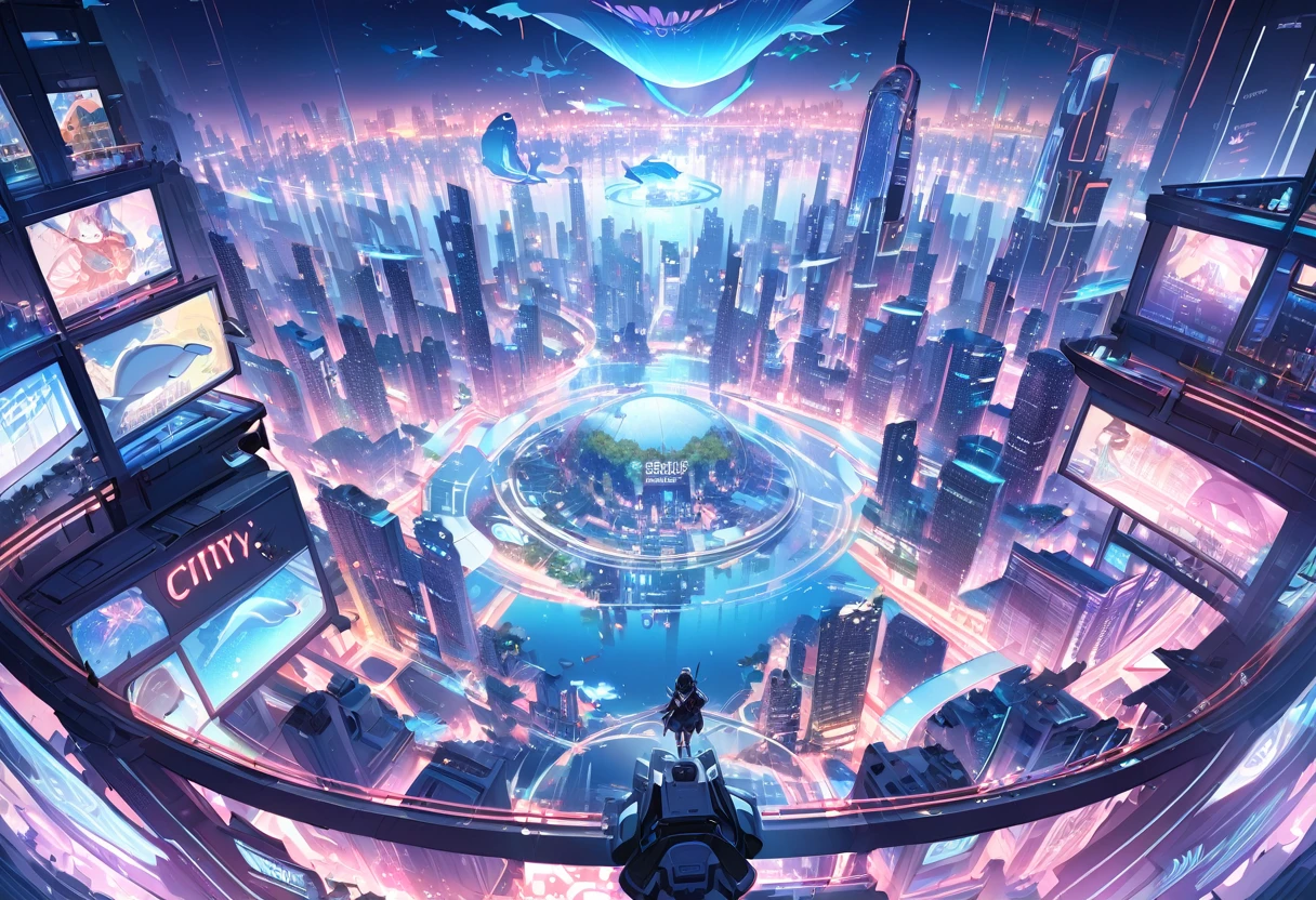 Future City, Above, jump, Whales, mechanical, Neon Light, reflection, skyscraper, hologram, advertisement, Near future, Cityscape, technology, vivid, Fantasy