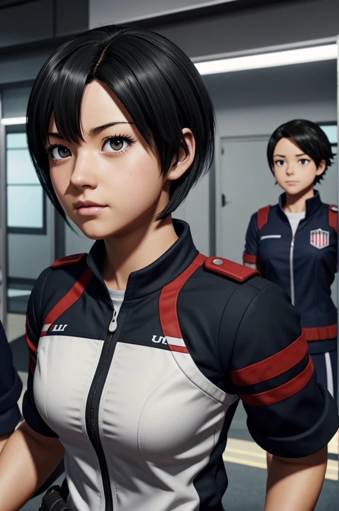 Screenshot of My Hero Academia.
A girl with short black hair. With serious features. with the UA uniform. In the background the UA class .