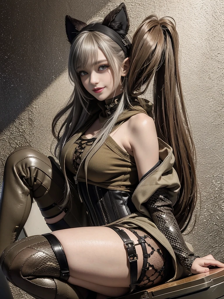 (Smiling with teeth showing:1.3),(Shibuya Gal:1.5)、(Beautiful:1.5)、(Neo-goth fashion:1.5)、(Punk RockVisual Kei:1.5)、(An off-the-shoulder hoodie in khaki and brown with delicate silver accessories.:1.5)、(A corset with a delicate beige and brown design:1.4)、(Dark grey, khaki and brown snakeskin bodysuit:1.5)、(Snake print headband:1.3)、(Beige and charcoal knee socks:1.4)、Embellished collar and long boots、(I'm selling snake print underwear.:1.4)、(Long eyelashes:1.3)、(Age 25)、((Highest quality、8k、masterpiece:1.3))、1 Female、Slim and beautiful abs:1.3、(hairstyle casual、Beautiful boobs:1.1)、(Doing an aerobics pose:1.3)、dress:1.1、Super small face、Narrow eyes、double eyelid、A sloppy smile、Esbian all over body、Dynamic Angle、Close-up、CPL Filter、Blurred Background、Bokeh、Blue Hour、Detailed face and skin texture、Detailed eyes、,(Twin tails:1.3)、(Brown-golden hair:1.3)、Gravure idol、(The background is a glamorous dance hall:1.3)、(Make your legs thinner:1.4)、(Slim Body:1.3)、(clavicle:1.1)