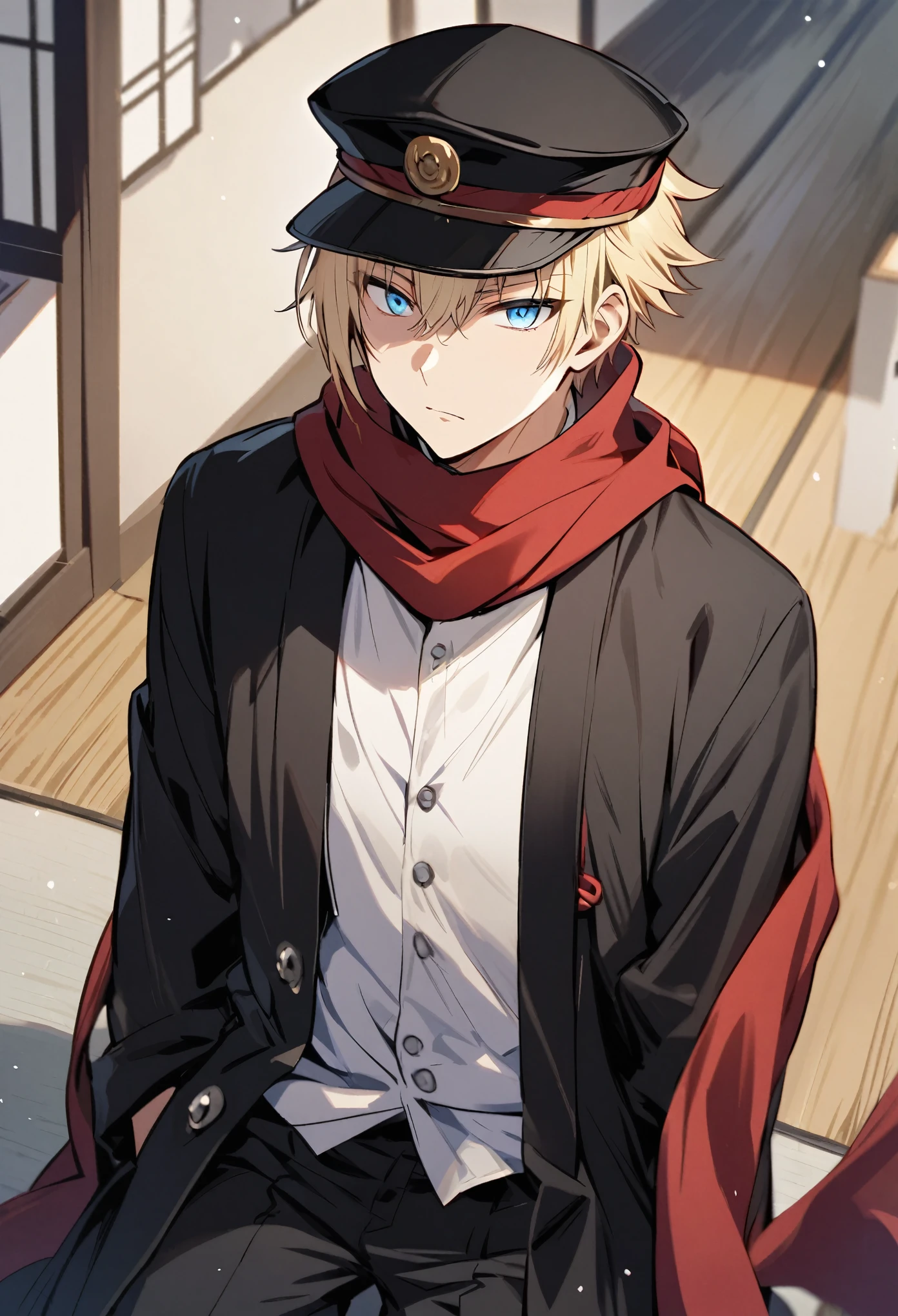 Solo, 1 male, light blonde hair, light blue eyes, white botton shirt, black cap, black pant, black haori, red scarf, taisho roman, Japanese
