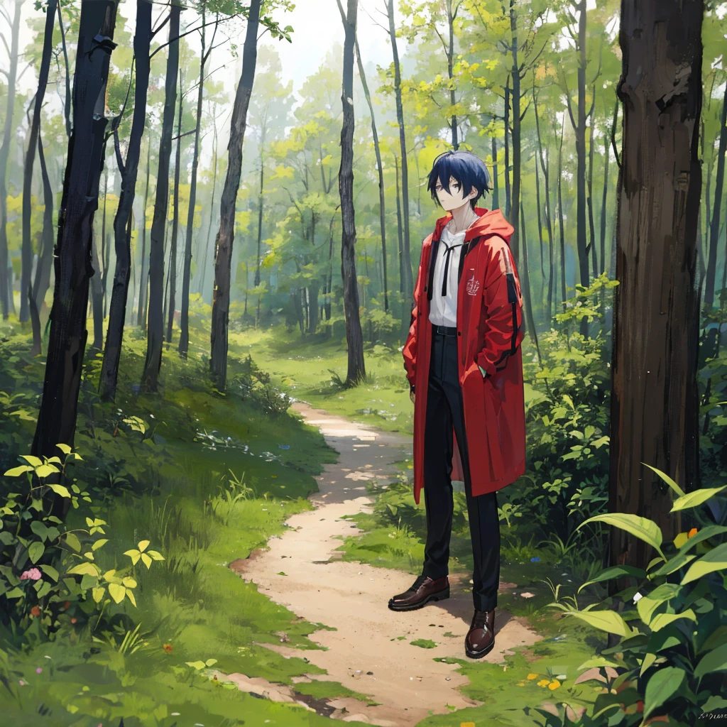 ((best quality)), (detailed). A anime man aged 18-20 alone stands in the middle of the forest and looks at nature, he himself is dressed in an official style