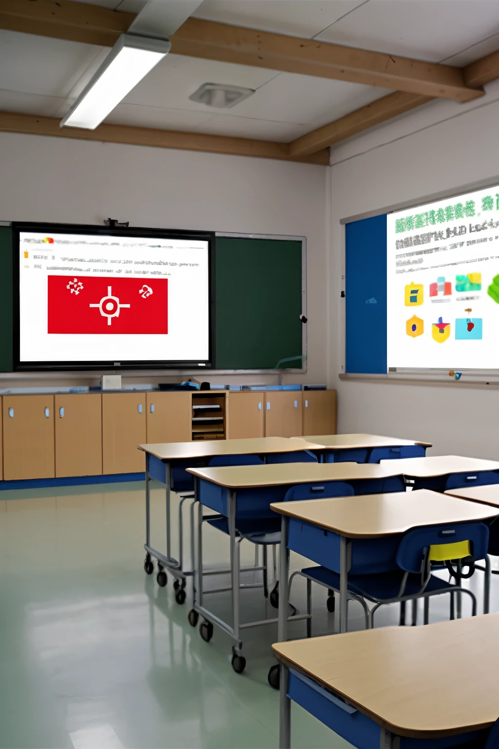 Generates an image of a classroom in a school in the mountain region, equipped with cutting-edge technology, that can be used in an educational presentation about the use of technology in education in rural areas."


