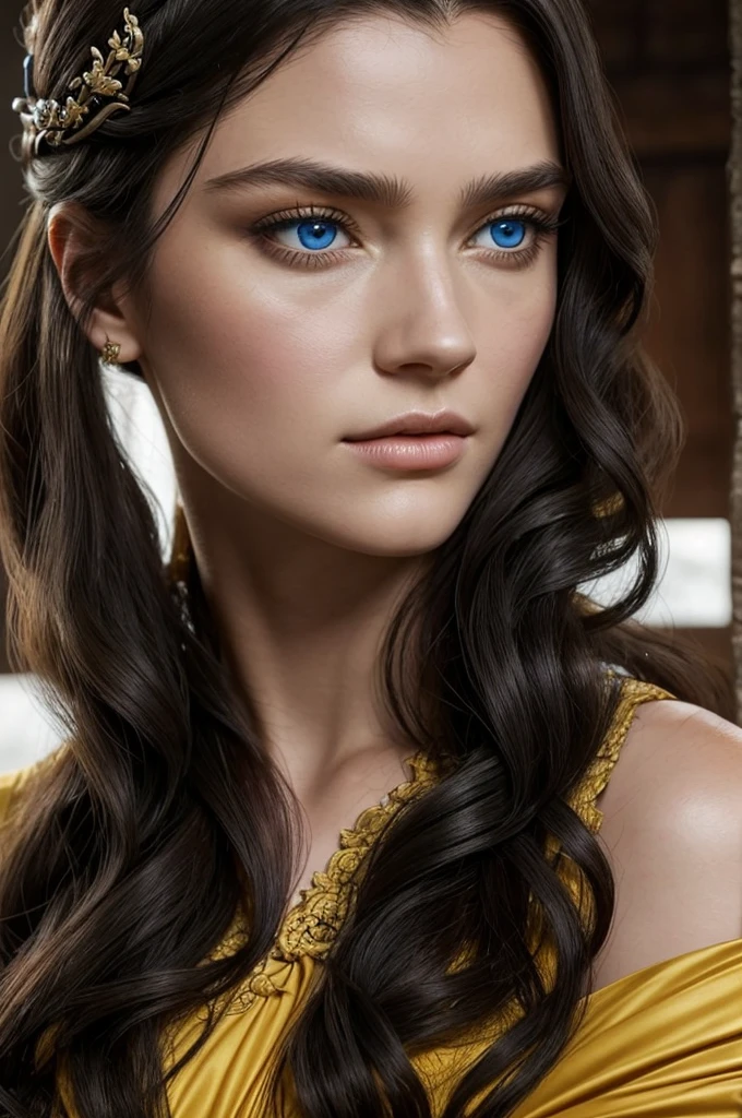 Beautiful noblewoman. Beautiful. House Baratheon. Yellow Dress and black. Long black hair curly and blue eyes. White skin. Dress sexy. Europan face. House Baratheon of Game of Thrones. Blue eyes. Close up