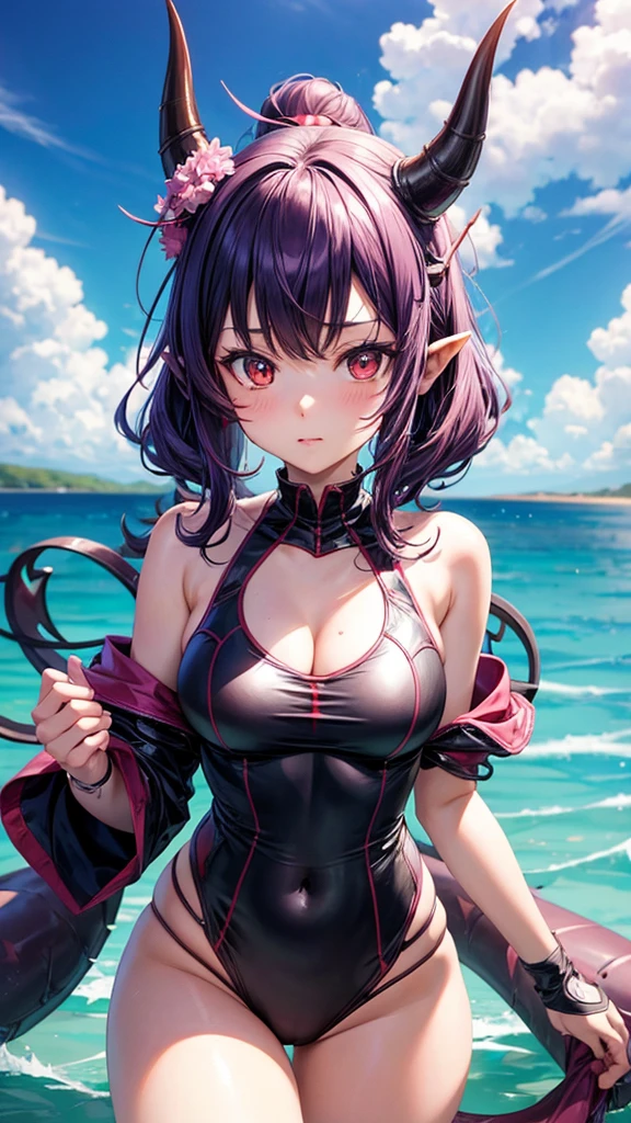 Group anime horned demon girls in cyber swim suits