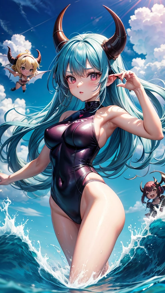 Group anime horned demon girls in cyber swim suits