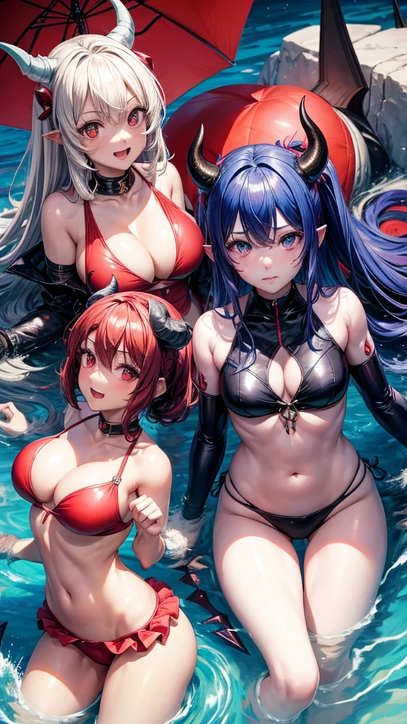 Group anime horned demon girls in cyber swim suits