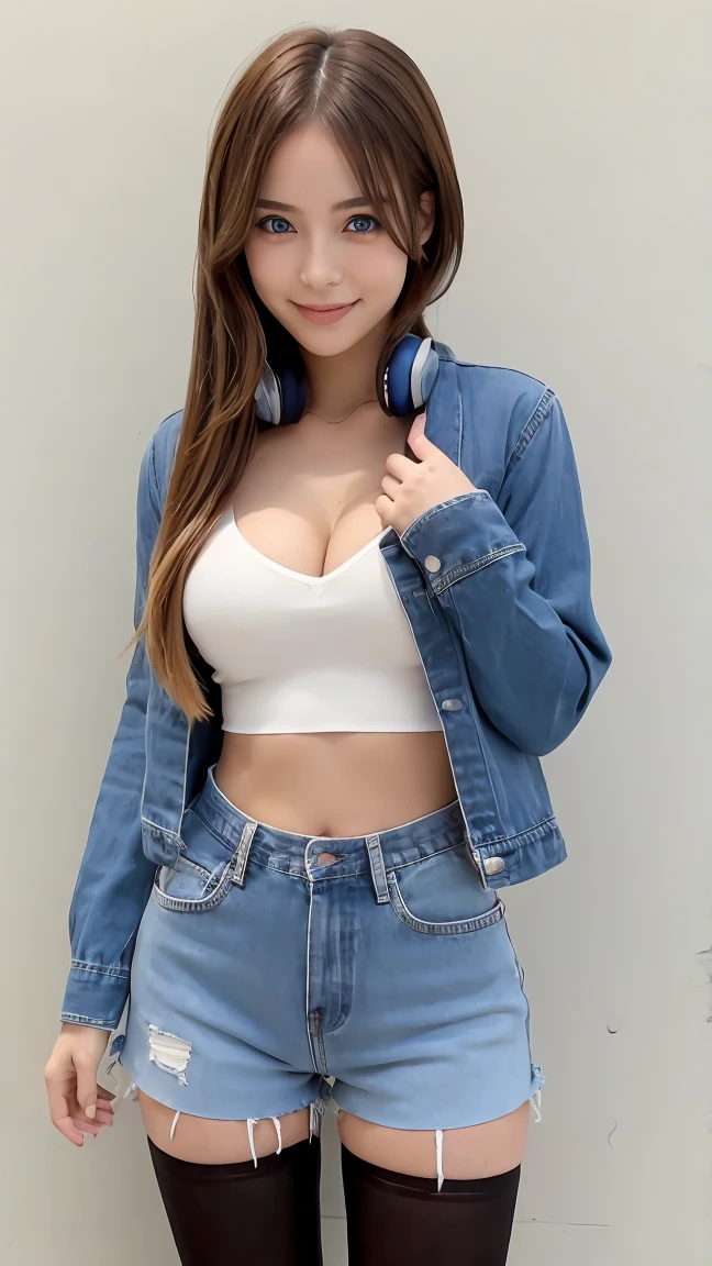 [nakano miku, Brown Hair, Hair between the eyes, Blue cardigan, Headphones, (((Black Pantyhose)))], 1girl, anime girl, anime, girl, 2d girl, 16 years old, (whole body), blue eyes, smile, blush, Cleavage, alone, slim, Big Breasts, Large Breasts, software, Cowboy Shot, タイトなShorts, low waist Shorts, upShorts, Outdoor, Night Background, View your viewers, darker shadow, (((Shorts))), (((Thigh Gap))), (((lowleg Shorts))),