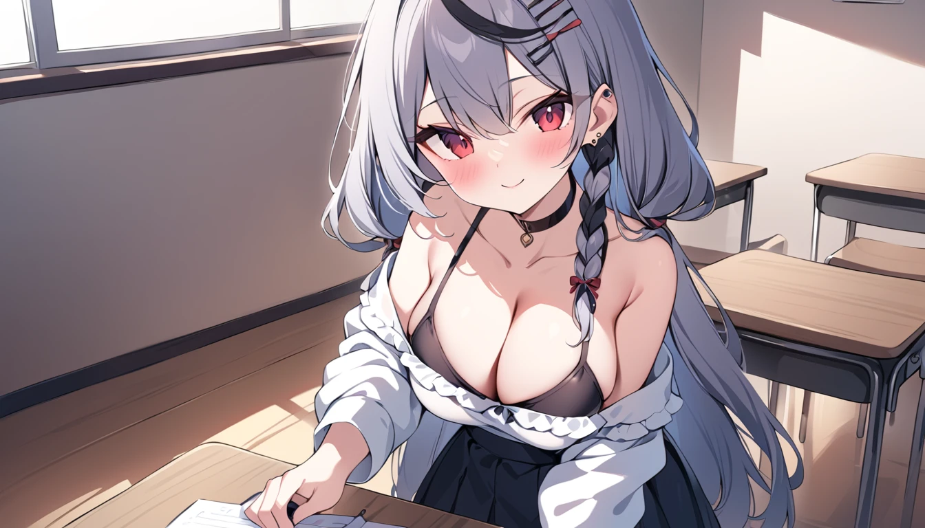 Highest quality, masterpiece, 超High resolution,Seraphim, skirt,View your viewers,indoor, classroom,One girl ,Red eyes, Cleavage, Multicolored Hair, Grey Hair, Striped Hair, hair ornaments, smile, Black Hair, Clothing cutouts, Earrings, Braiding, tooth,Long Hair,masterpiece, High resolution, Octance 4K, Attention to detail