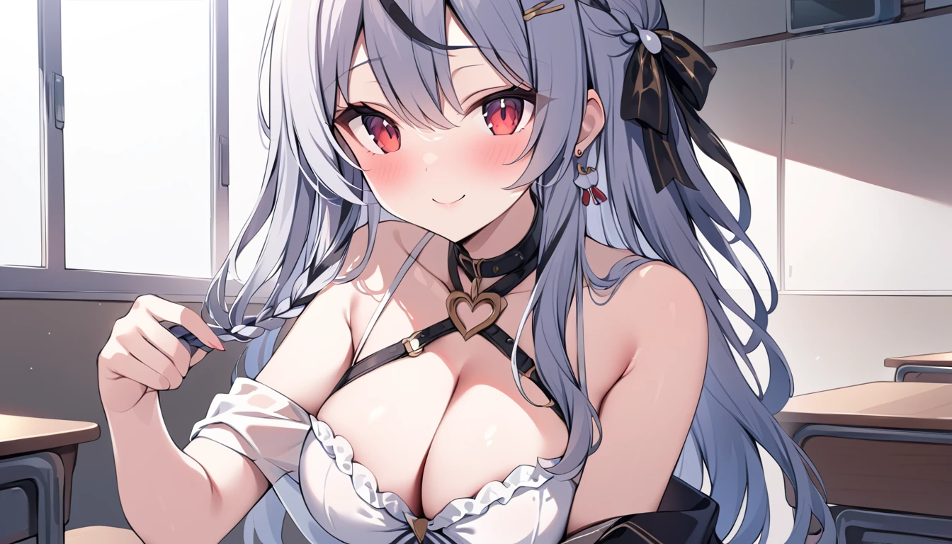 Highest quality, masterpiece, 超High resolution,Seraphim, skirt,View your viewers,indoor, classroom,One girl ,Red eyes, Cleavage, Multicolored Hair, Grey Hair, Striped Hair, hair ornaments, smile, Black Hair, Clothing cutouts, Earrings, Braiding, tooth,Long Hair,masterpiece, High resolution, Octance 4K, Attention to detail