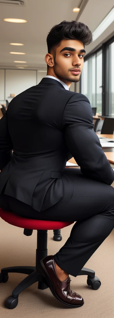 4 meter tall slightly overweight indian men. 20 years old. Childish Young hairless fresh face. In london with friend. Very sexy Posing for camera. Muscular. Wearing a tight black and office suit . Big ass. Smooth body and face. Belly seen. Long long legs. Sitting on chair. View from the back.