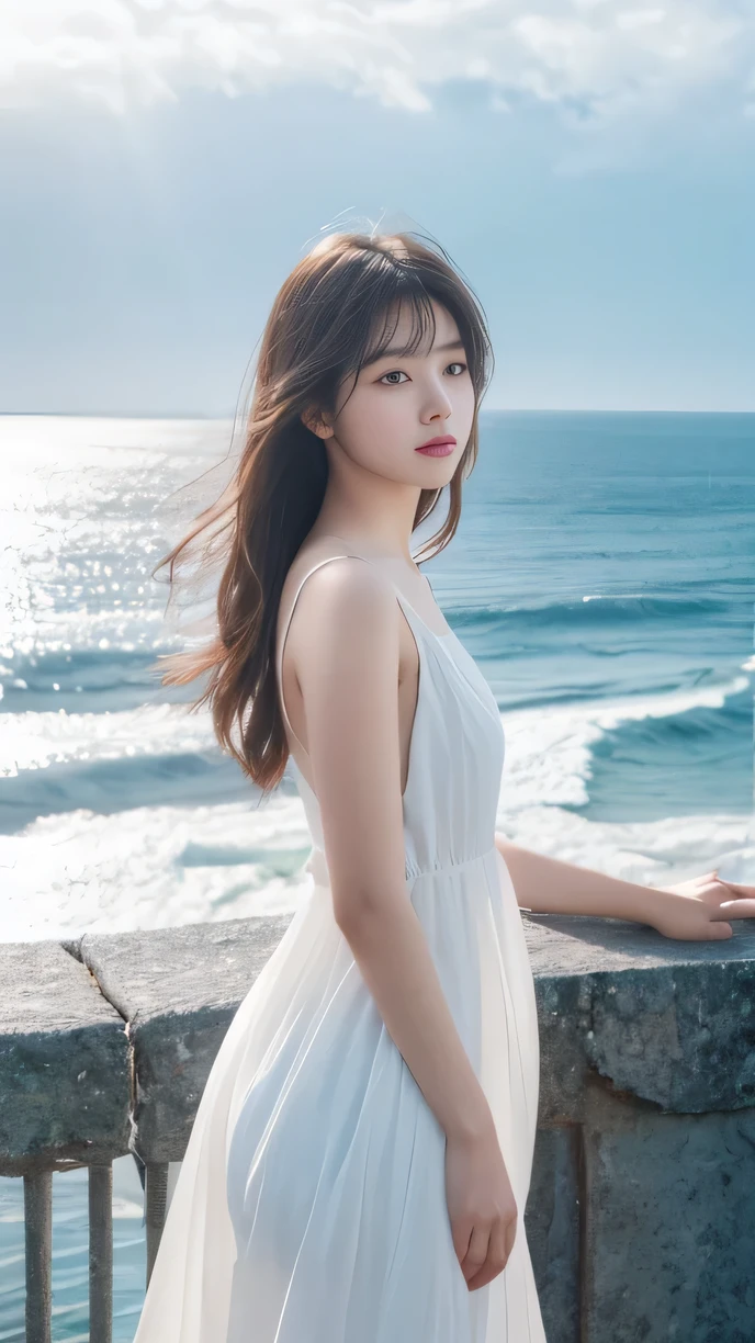 A young woman standing on a cliff by the sea, Hug yourself with a slightly sad expression. She is wearing a simple white dress, Her hair flutters in the wind,She gazed at the vast ocean, As if longing for something. Sunny seascape in the background, The distant horizon is gradually obscured by dusk. Melancholic girl standing on a cliff overlooking the sea, Thinking about Losing, Reality, Very detailed, light, dramatic, emotion, desire, serene, author:artgerm, James Jean, Popular on artstation
