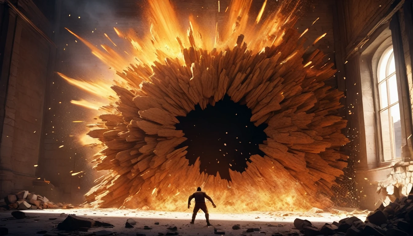 an artwork depicting a giant bursting through a wall, epic, high contrast, Epic, long shot, cinematic, cartoon